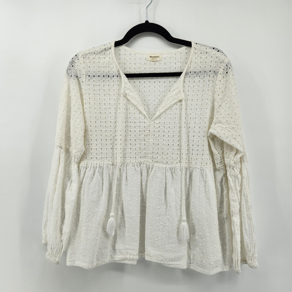 World Market Eyelet‎ Tunic Top Long Sleeve Bohemian Blouse Small/Medium